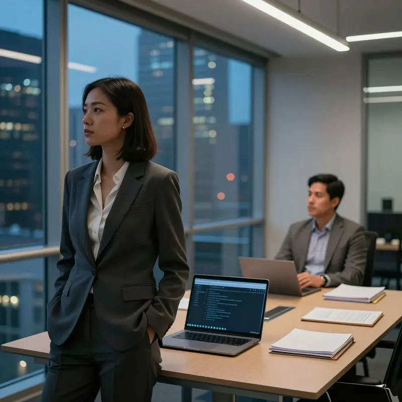 Two founders look out over a city skyline, with a dark laptop on the conference table behind them.