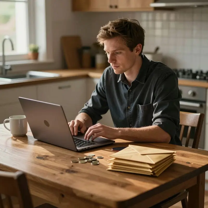 A solo seller sits at a kitchen table organizing money tools for irregular cash flow.