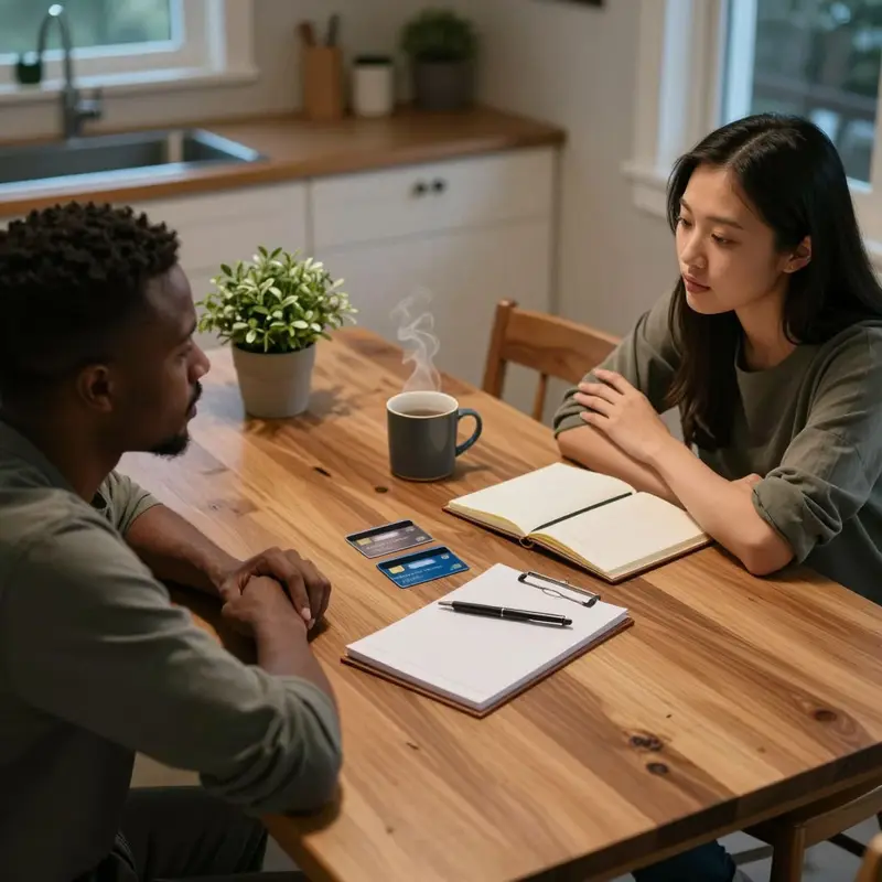 Two people at a kitchen table quietly examining travel credit card options.
