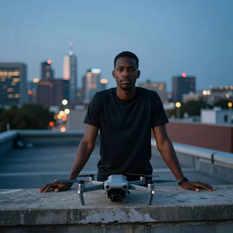 A drone pilot pauses on a rooftop as city restrictions complicate his flight.
