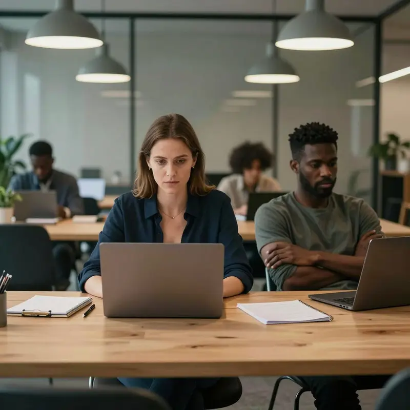 Two coworkers sit quietly with closed and dark-screen laptops, reflecting on real everyday AI use.