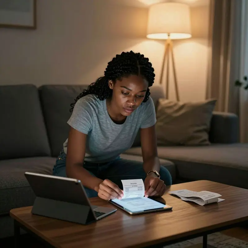 A focused shopper carefully compares a receipt to recent digital payments.