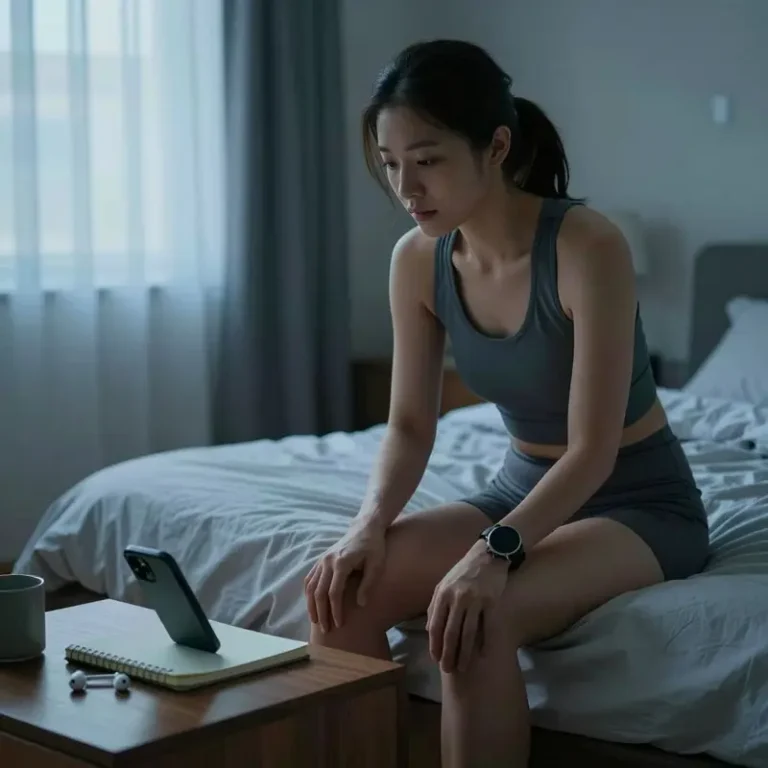 Woman sitting on a bed with hands on her legs beside quiet wearable devices, contemplating wearable health metrics overload in the morning.