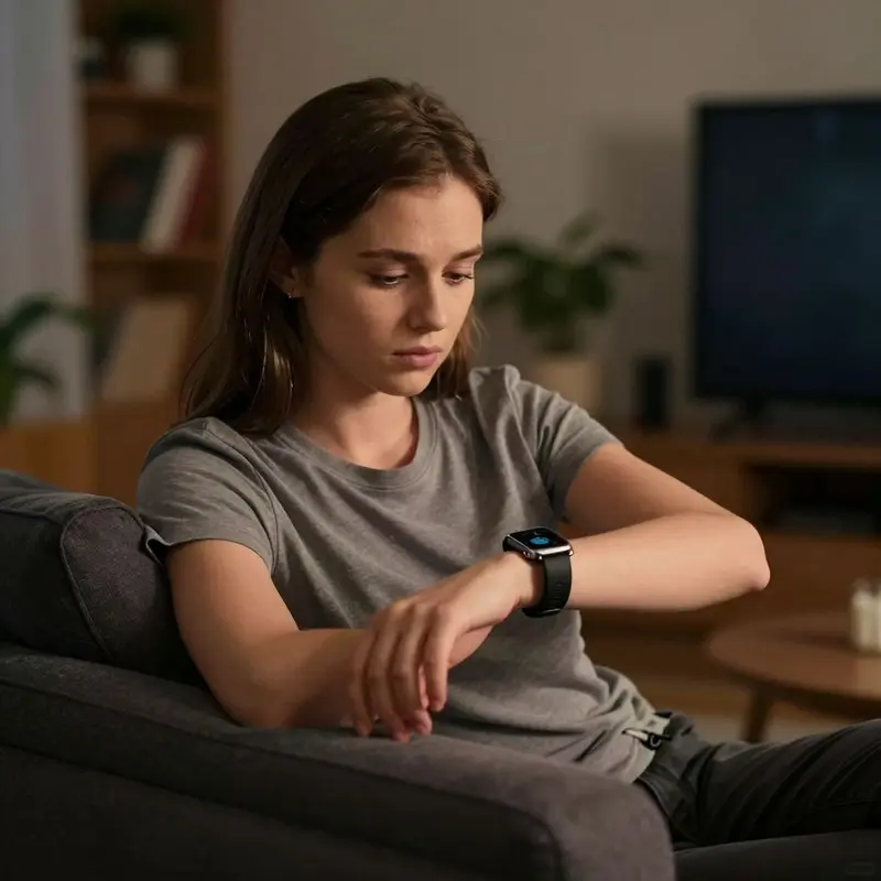 A woman quietly studies her smartwatch, reflecting on the strain of too many wearable health metrics.