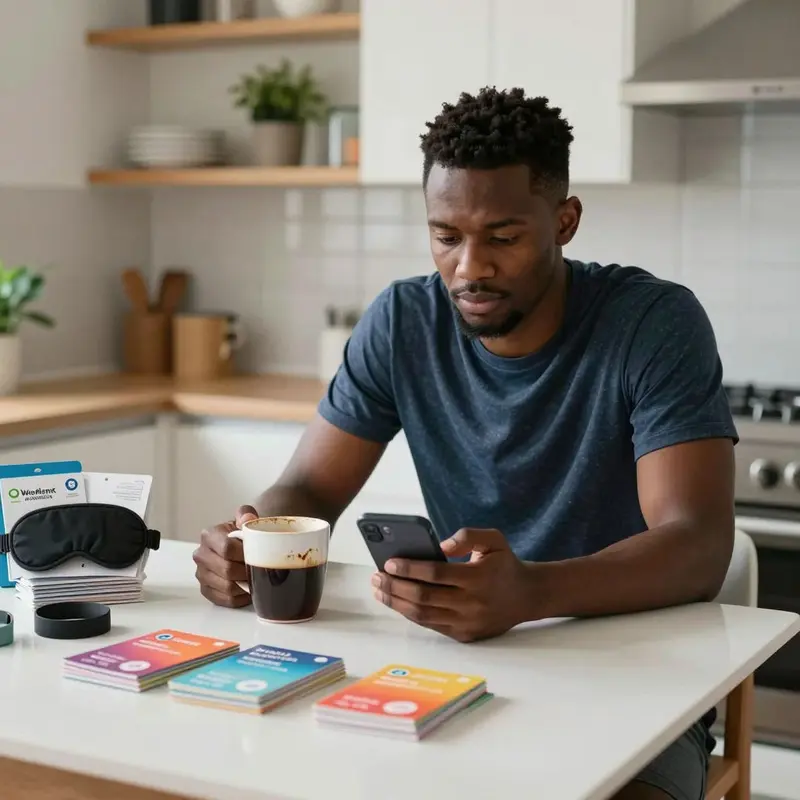 A man sits at his kitchen table surrounded by wellness products, showing how market growth can add to daily overwhelm.
