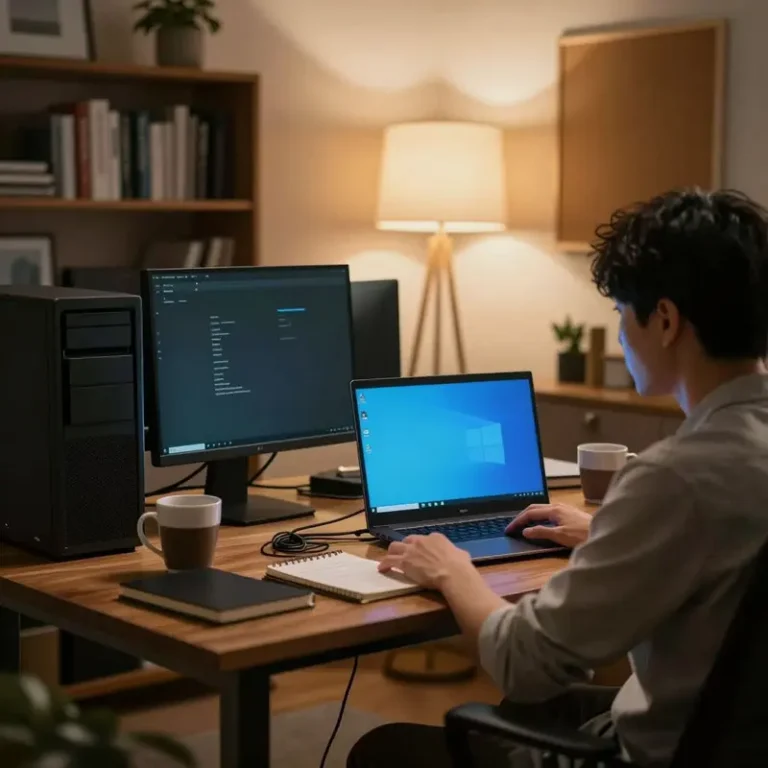 Asian side hustler at a small desk between an old PC and a modern laptop, facing a Windows 10 end of support upgrade decision.