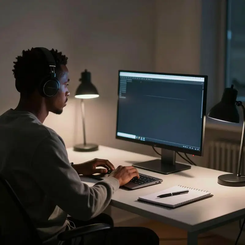 A late-night workstation scene capturing the tension of staying secure after support ends.
