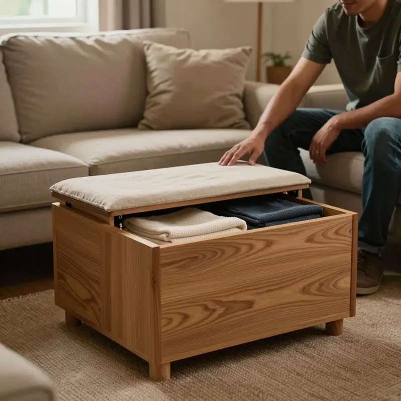 A wooden storage ottoman doubles as seating and concealed storage in a small living room.