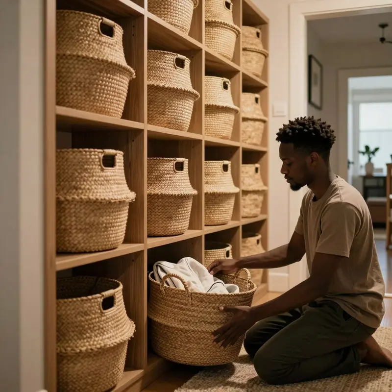 Woven seagrass and rattan baskets turn open shelves into breathable, modular storage.