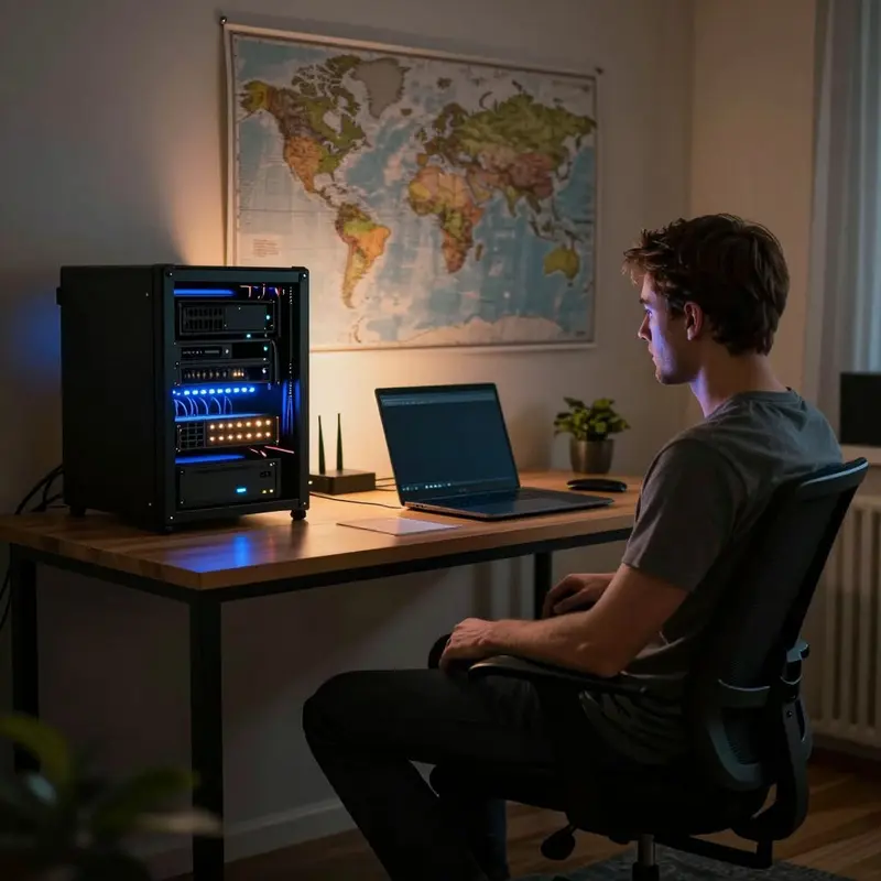 A home office server rack glowing at night, symbolizing the 2026 shift toward mesh VPN networking.