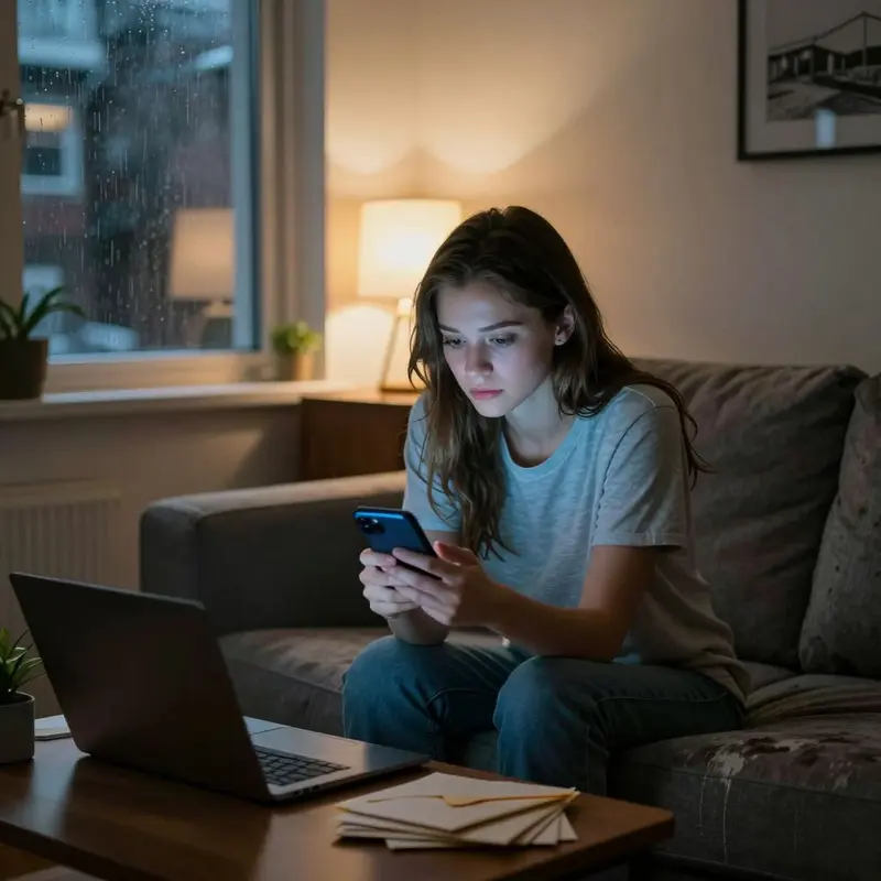 A millennial scrolls on her phone at night, surrounded by subtle signs of financial pressure.