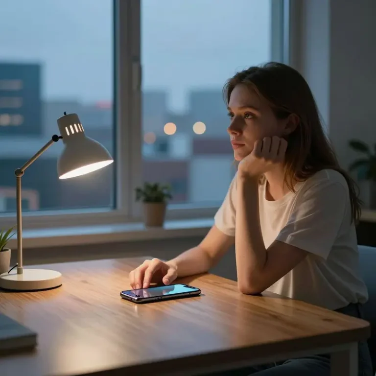 Caucasian woman at a table with one hand resting on an Android phone, reflecting on PocketGuard pace alerts android and spending choices.