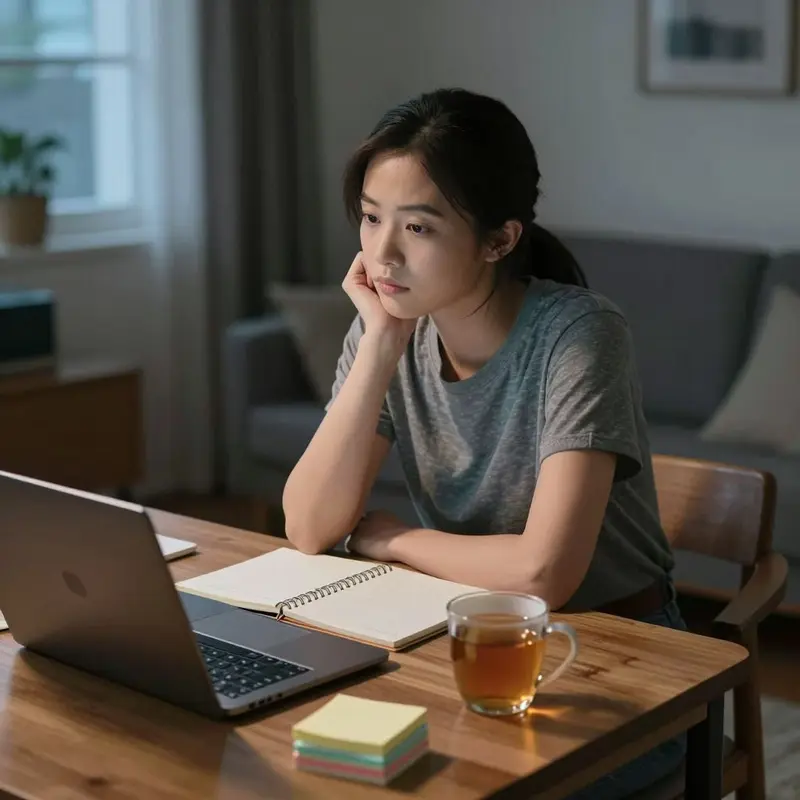 A remote worker quietly reflecting at her desk at the end of the home workday.