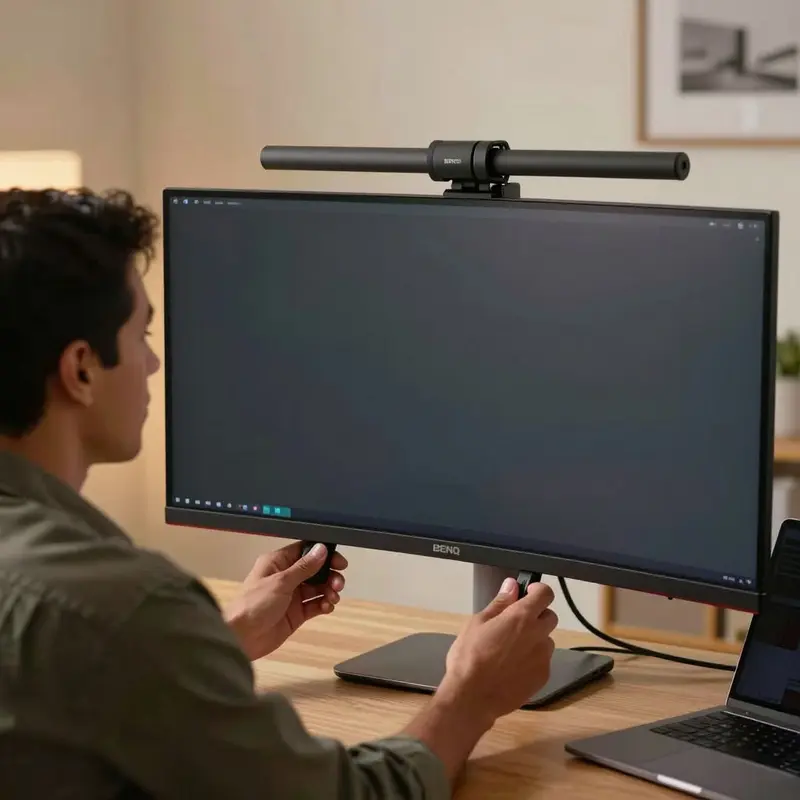 A remote worker checks how a BenQ ScreenBar sits on a curved monitor in a compact home office.