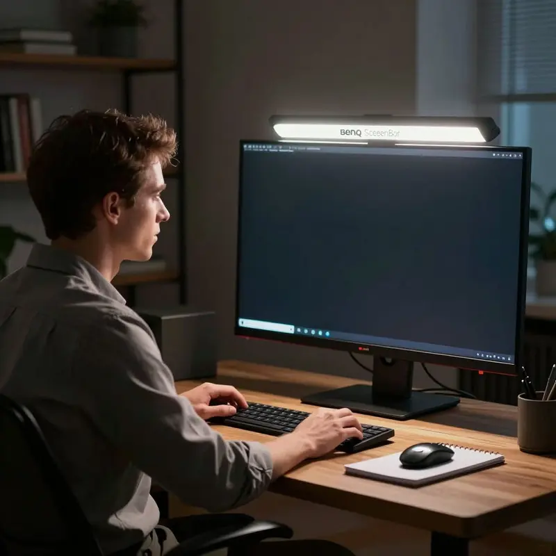 A remote worker’s monitor lit by a BenQ ScreenBar, showing focused desk illumination without screen glare.