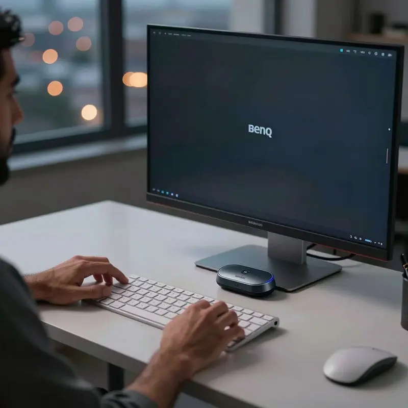 A remote worker’s hand resting on the BenQ ScreenBar Halo control puck, showing the blend of tactile and automatic controls.