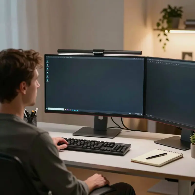 A remote professional studies a BenQ ScreenBar-equipped dual-monitor setup, considering if the upgrade matches their work style.