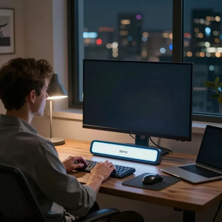 Home office desk setup with BenQ ScreenBar review for remote work showing a monitor light bar illuminating a remote worker’s workspace.