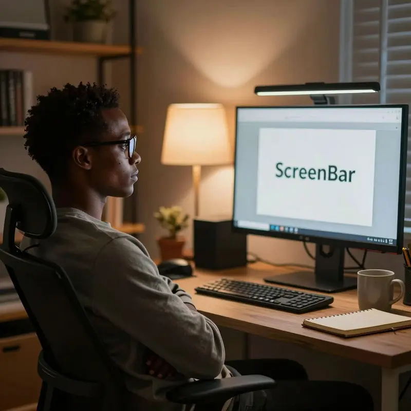 A remote worker relaxes in front of a BenQ ScreenBar-lit monitor, highlighting visual comfort during long sessions.