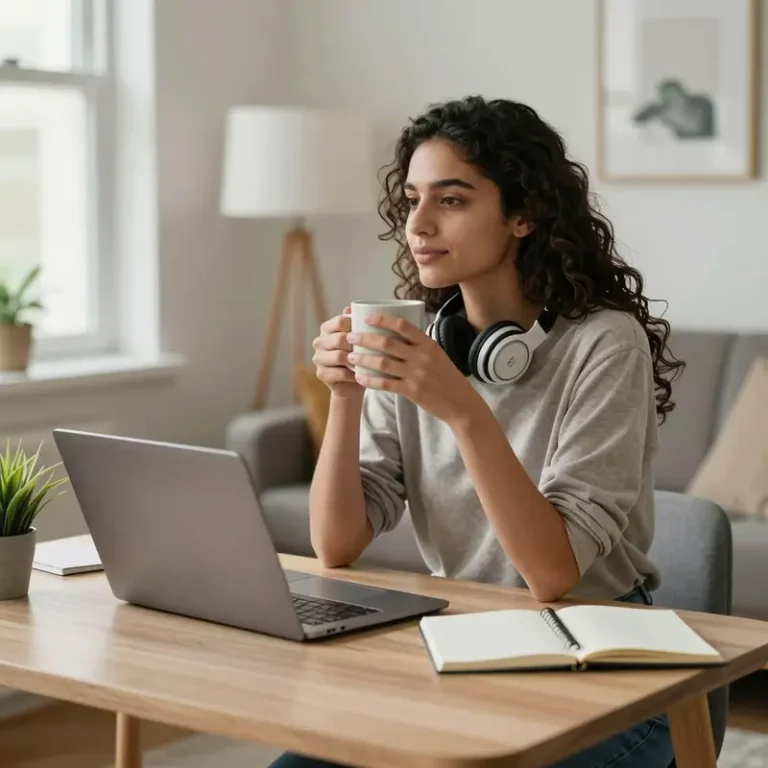 New remote worker at a simple home desk enjoying a calm moment as part of a remote work routine for beginners.