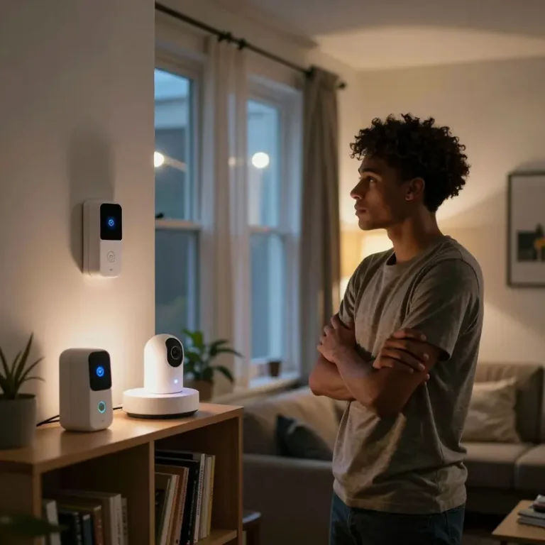 Renter with arms crossed standing near cheap smart security devices glowing on a shelf, highlighting cheap smart security privacy risks inside a small rented apartment.