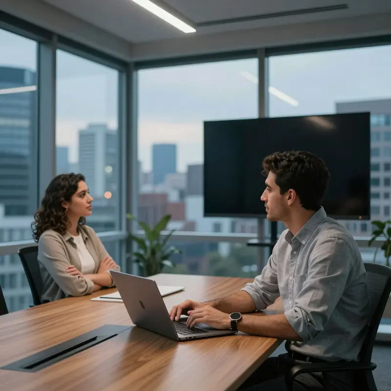Two colleagues sit in a glass-walled office, quietly focused on a dark screen in front of them.