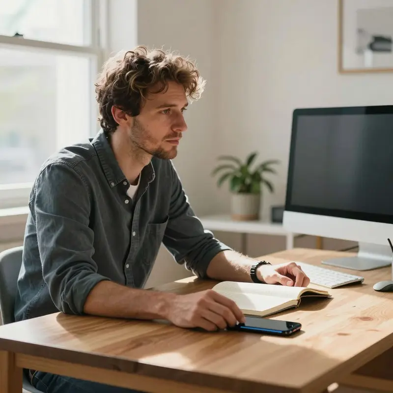 A man at his desk pauses with his phone nearby, considering if PocketGuard Plus is worth the cost.