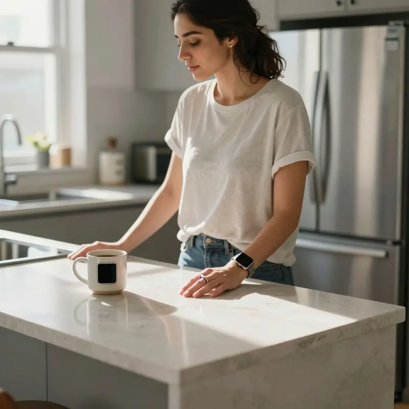 A woman at a kitchen island wears an Oura Ring while an unused Apple Watch lies beside her coffee.