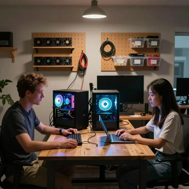 Two DIY AI tinkerers sit at a garage workbench with twin desktop rigs used to compare Llama vs OpenAssistant local AI setups.