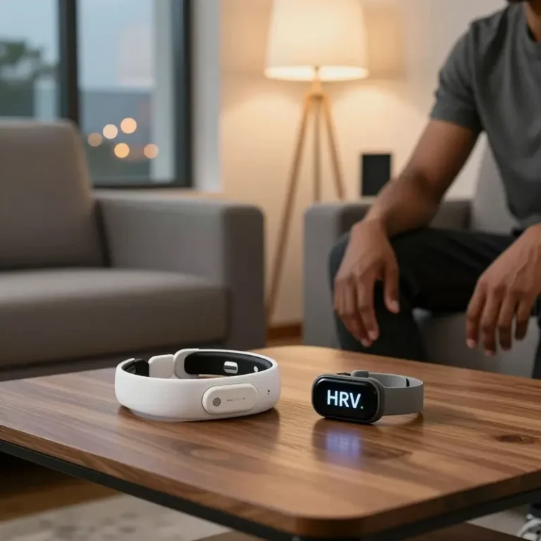 Coffee table with an EEG headband and an HRV bracelet in a living room, symbolizing the EEG headband vs HRV bracelet decision.