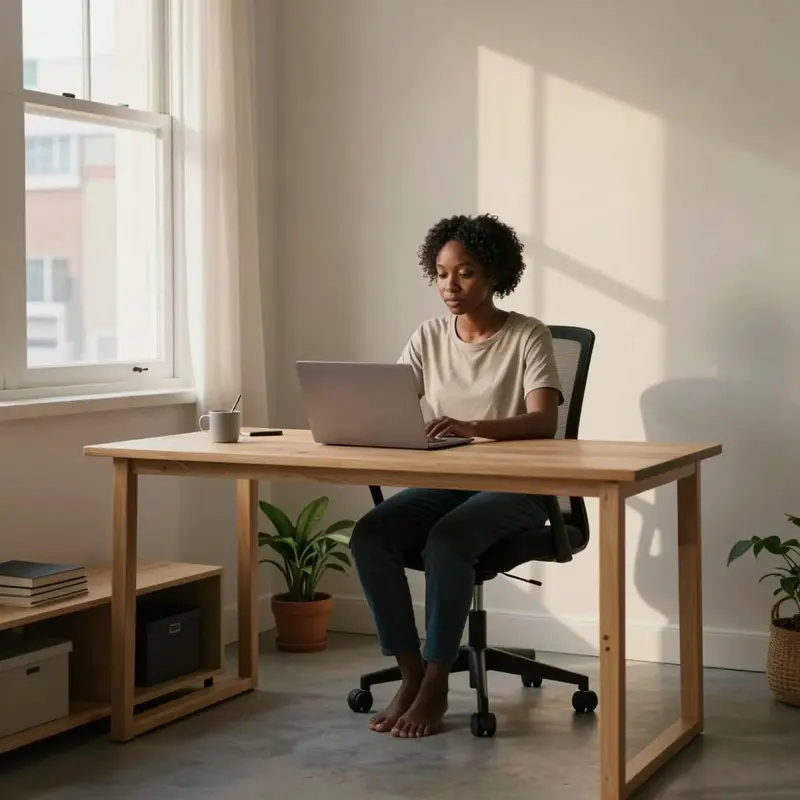 A renter uses a compact ergonomic workstation arranged to make the most of a tight studio corner.