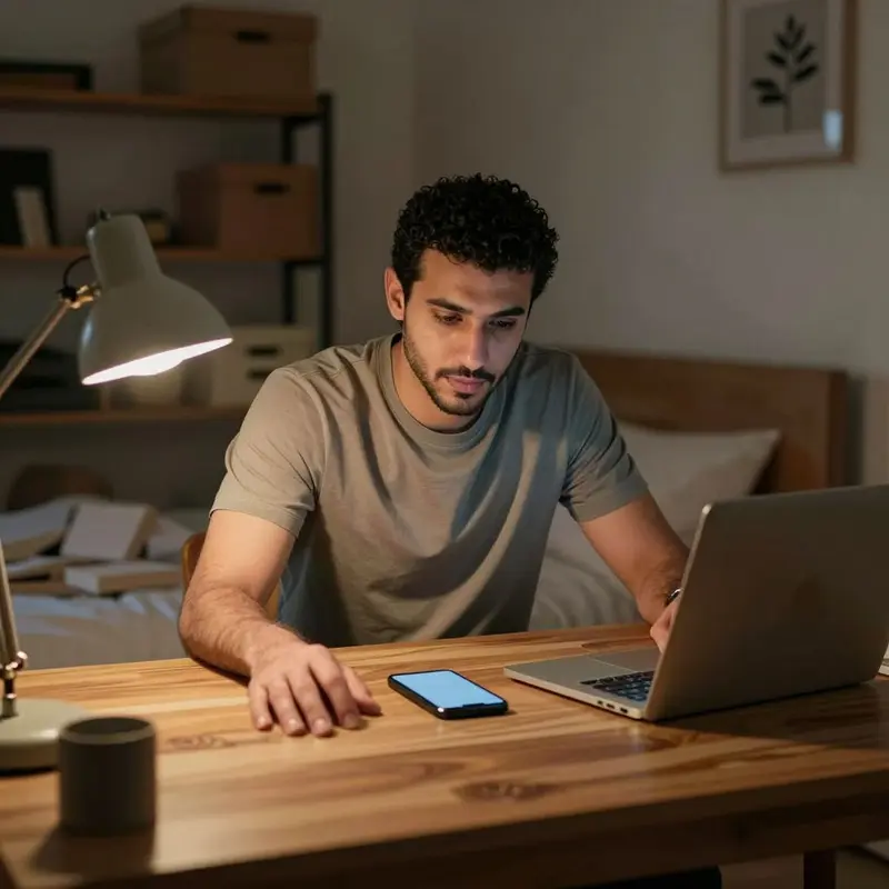 Etsy seller sits at a desk staring at a phone beside a closed laptop, confused by platform payouts and real profit.