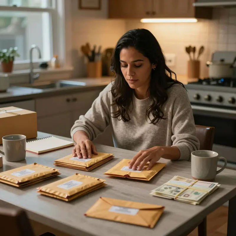 Etsy seller sorting cash into envelopes at a kitchen table, revealing how mixed funds can quietly drain tax money.