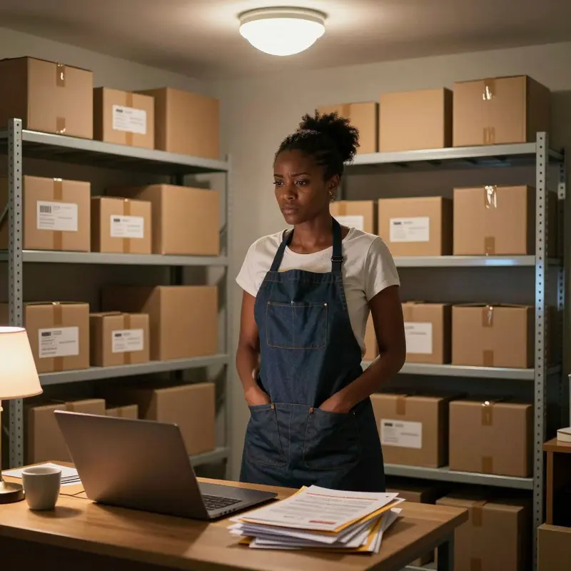 Etsy seller stands in a room packed with inventory, illustrating how stock can tie up cash needed for tax payments.