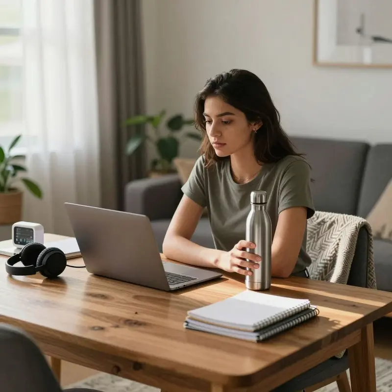 A new remote worker sits at a tidy table with essential tools arranged for a calm workday.