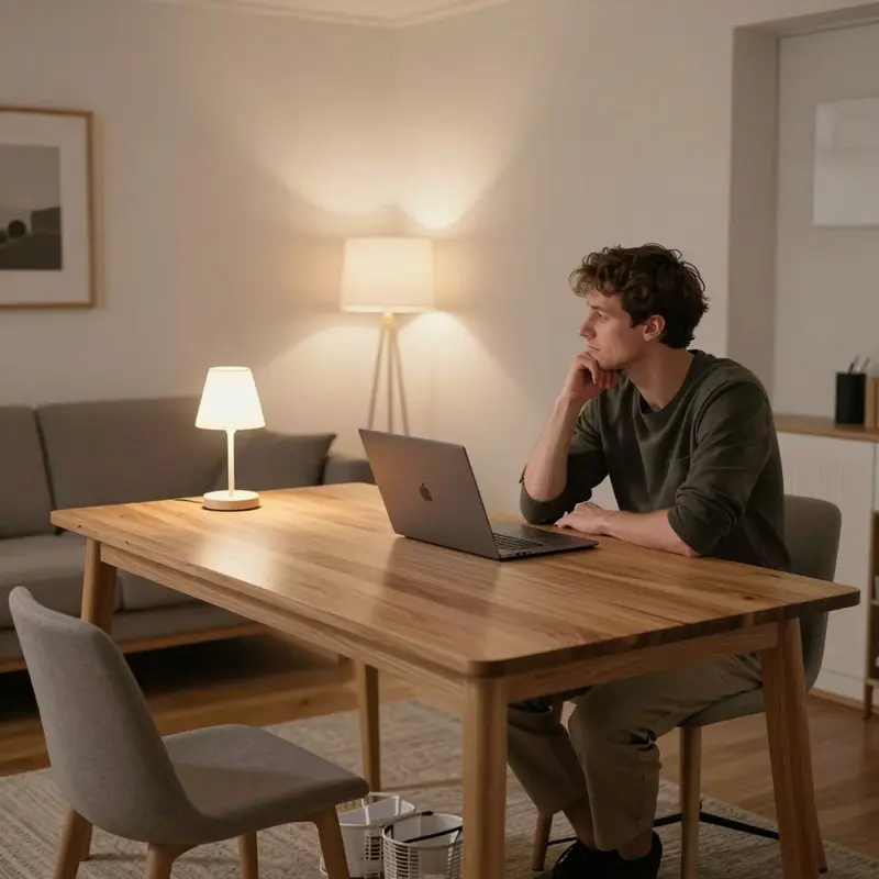 A dining table doubles as a clean, minimalist desk inside a carefully edited living space.
