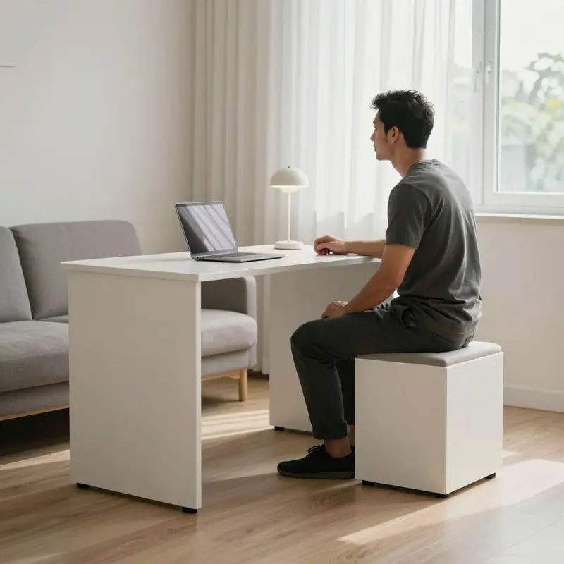 A modular, transformable workstation in a micro-apartment suggests the future of renter-friendly minimalist design.