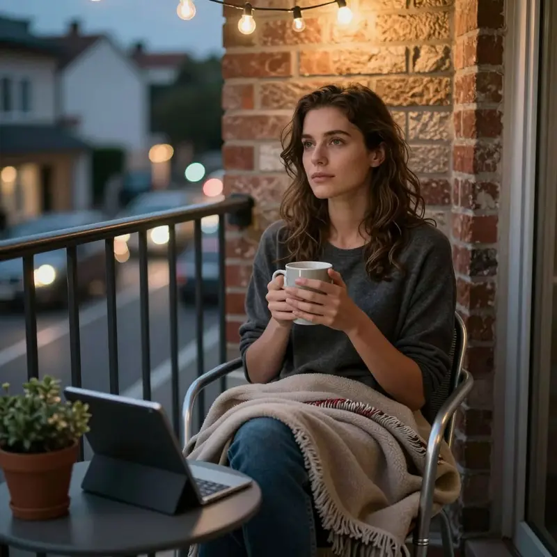 A woman sits on a balcony at night with a mug in her hands, quietly looking out over the street.