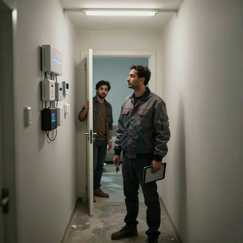 A contractor near shared security hardware while a renter watches from their doorway, hinting at hidden access.