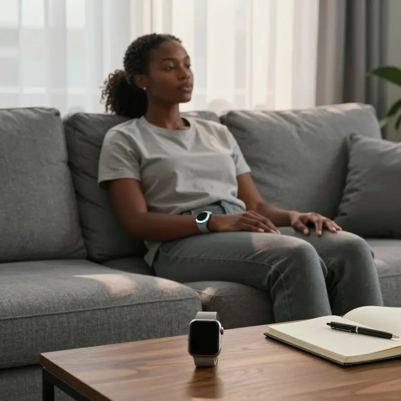 A woman pauses with an Oura Ring on her hand while an Apple Watch rests dark on the table.