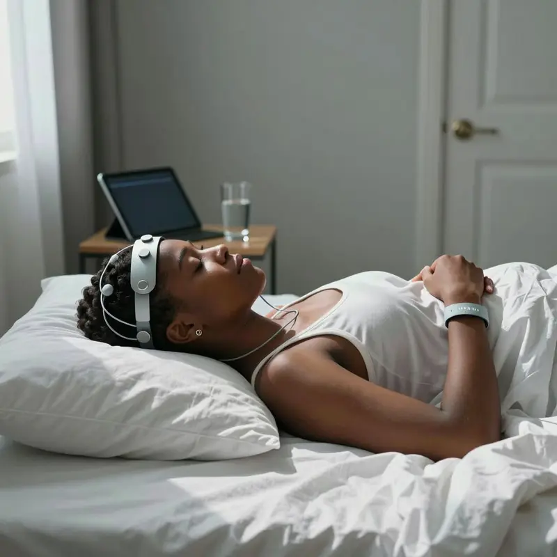 A woman resting in bed wears both an EEG headband and HRV bracelet under soft nighttime light.