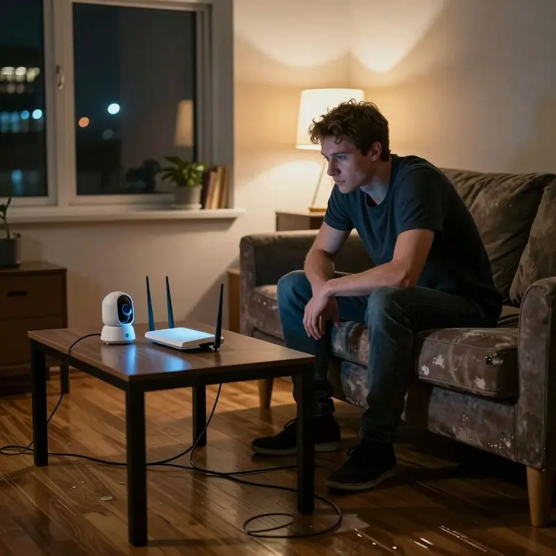 A renter studies a cheap router and smart camera, emphasizing insecure Wi-Fi and exposed data.