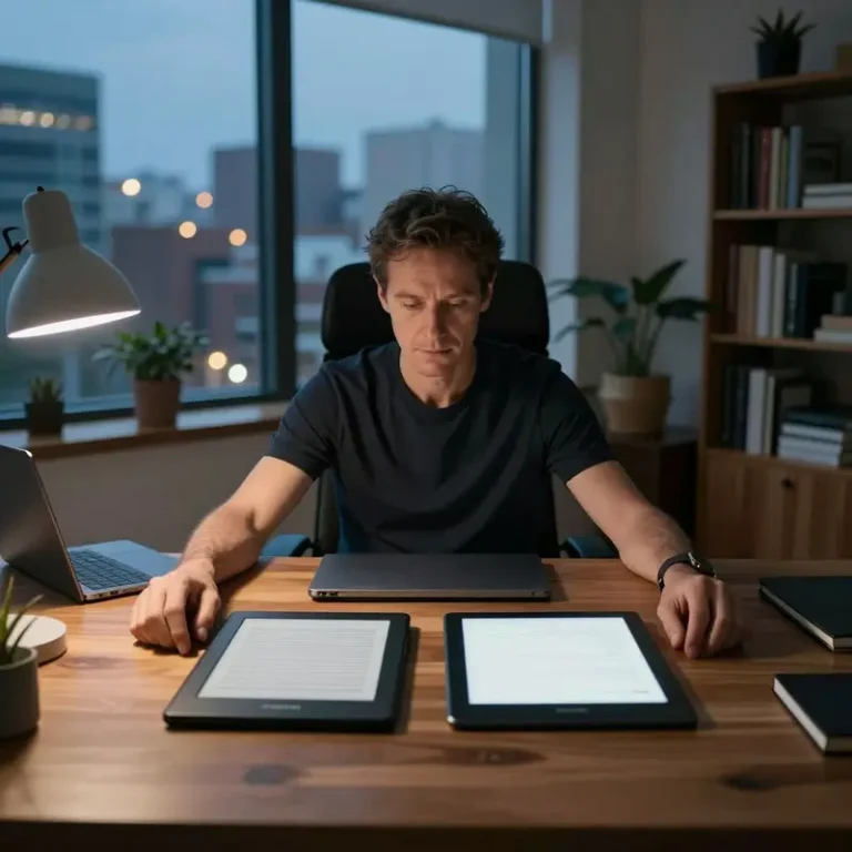 Founder at a wooden desk comparing Kindle vs reMarkable for note taking and reading overload as city lights glow behind.