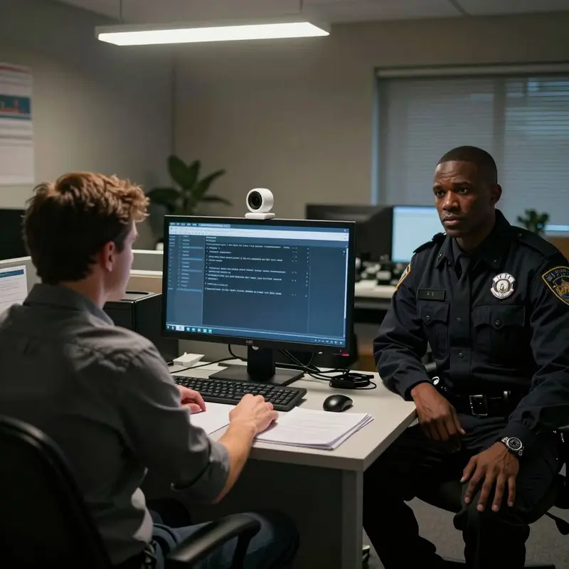 A property manager and officer sit in a dim office beside a smart camera, evoking legal use of renter footage.