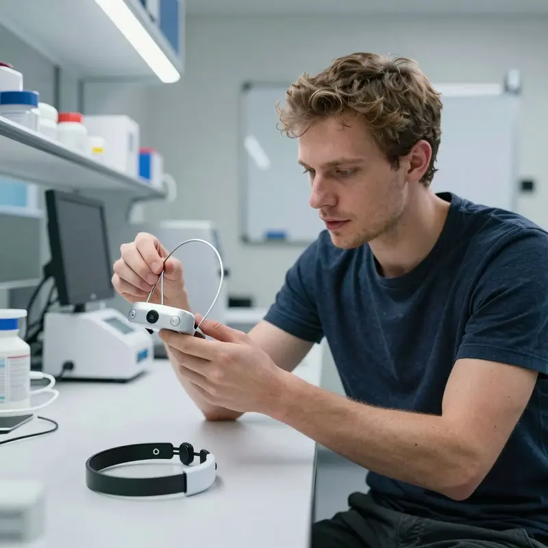 A man inspects a next-generation EEG headband beside a simple HRV bracelet in a bright lab.