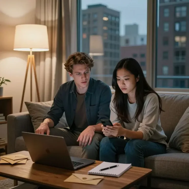A millennial couple on a sofa at night with a phone and closed laptop nearby, reflecting on AI budgeting app risks and overtrust.