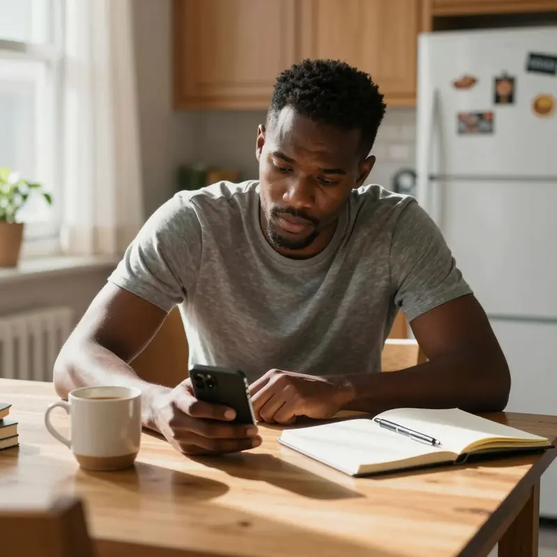 A millennial sits at a kitchen table, staring thoughtfully at a phone lying on the surface.