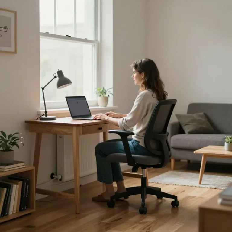 European woman seated at a simple desk with a minimalist home office setup in a small rental living room that doubles as a workspace.