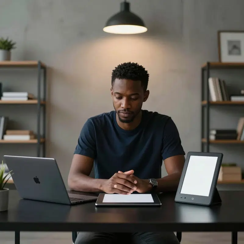 An entrepreneur evaluates a reMarkable tablet and a Kindle side by side at a dark desk.