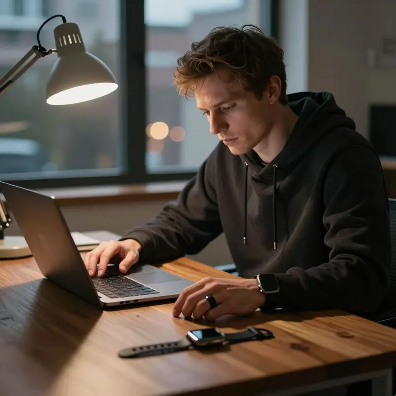 A tired builder compares an Oura Ring on his hand with an idle Apple Watch on the desk.